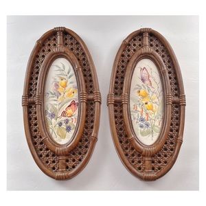 Vintage Syroco Butterfly Wall Art 1970s Bohemian Decor Woven Wicker Plastic Pair